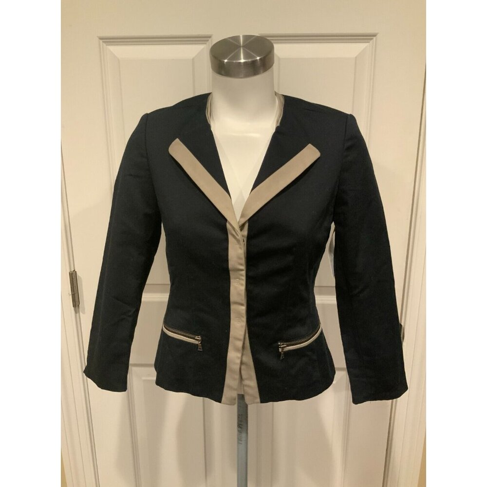 Tahari Navy Blue 3/4 Sleeves Jacket W/ Tan Trim & Zippered Pockets, Size 4 (US)